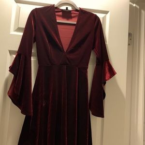 Deep red, deep v-neck velvet dress